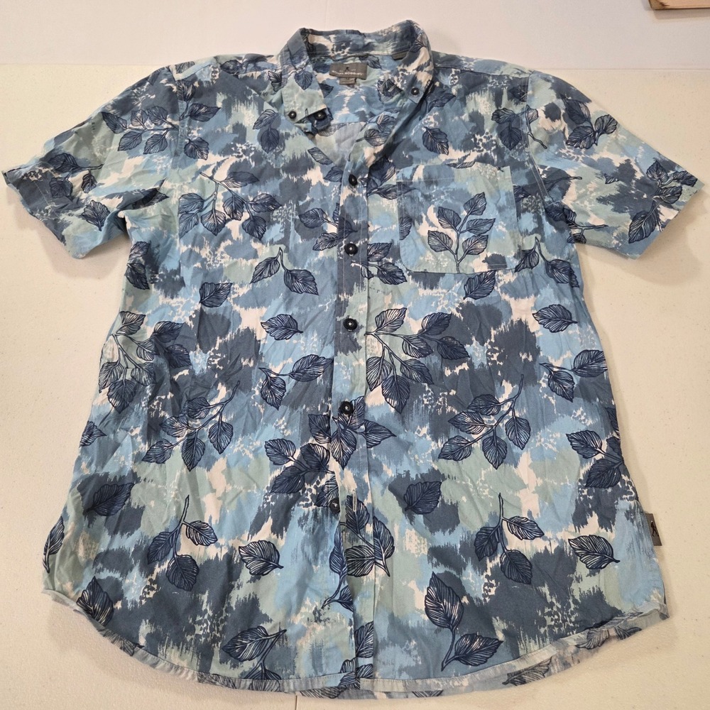Royal Robbins Mens Medium Blue Leaf Print Short Sleeve Button Down Shirt Hiking